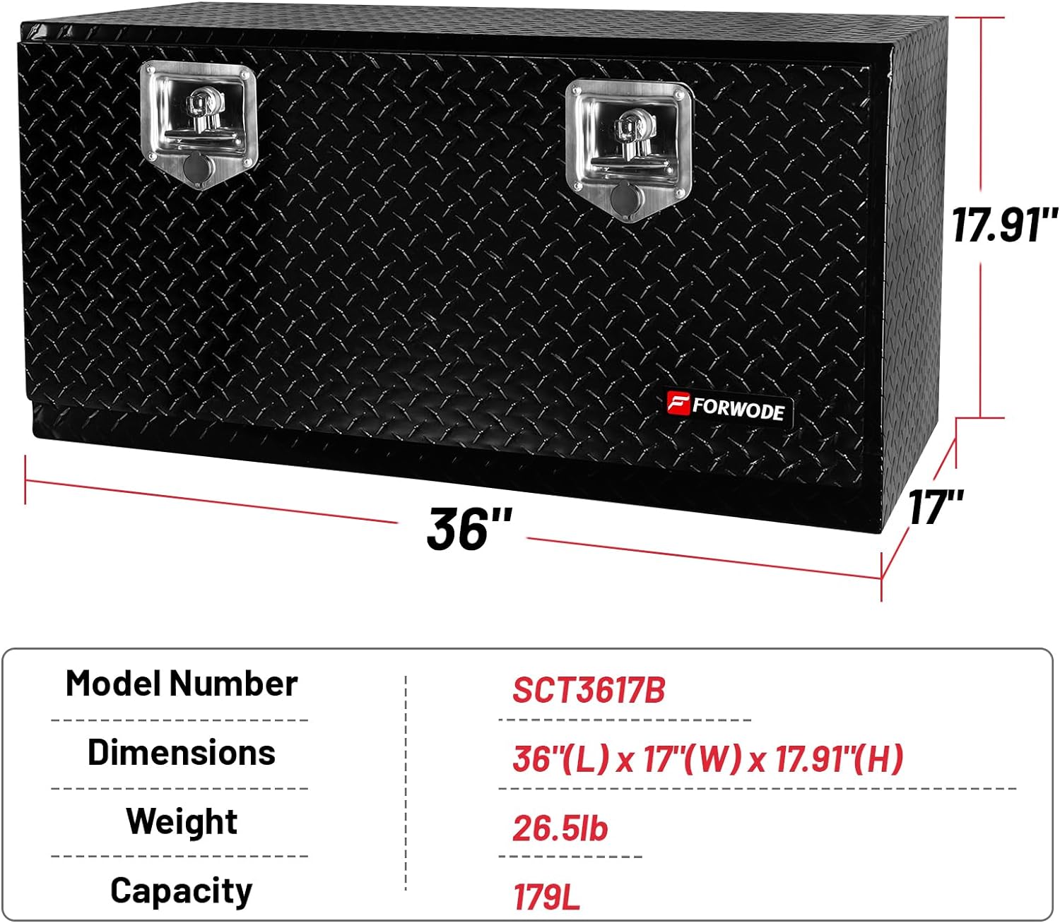 FORWODE 36x17x18 Inch Underbody Truck Tool Box Aluminum Trailer Tool Box with Lock & Foldable T-Handle Waterproof Truck Storage Box for Pickup Truck, Trailer, RV, ATV, Indoor（BLACK）