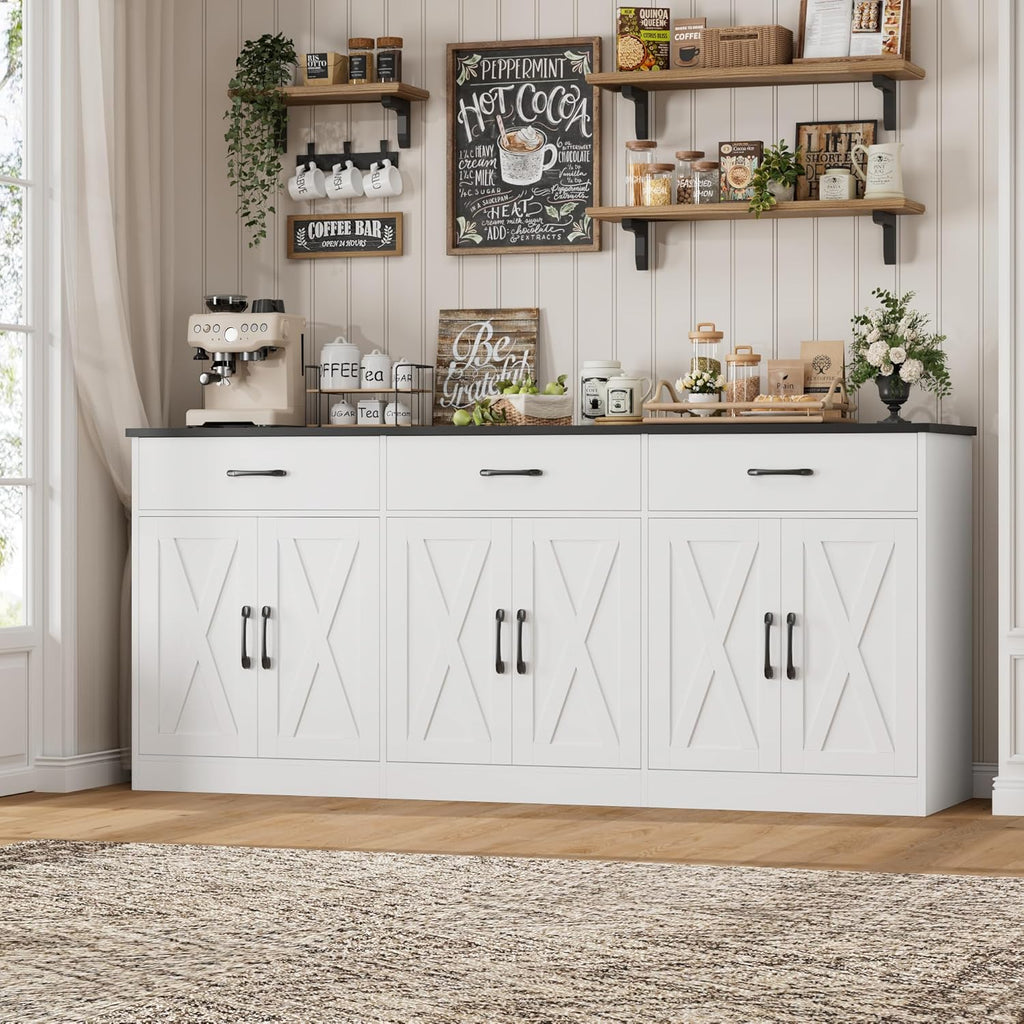 HOSTACK 71" Large Sideboard Buffet Cabinet with Storage, Farmhouse Coffee Bar Cabinet with 3 Drawers, Long Kitchen Buffet Table, Kitchen Sideboard Storage Cabinet for Dining, Living Room, White/Black