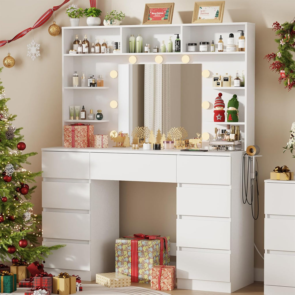 Vanity Desk with Mirror and Lights,43" Makeup Vanity Table with 9 Drawers and 7 Storage Shelves, Power Outlet & Adjustable LED Lights, Dressing Table for Bedroom .White