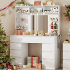 Vanity Desk with Mirror and Lights,43" Makeup Vanity Table with 9 Drawers and 7 Storage Shelves, Power Outlet & Adjustable LED Lights, Dressing Table for Bedroom .White