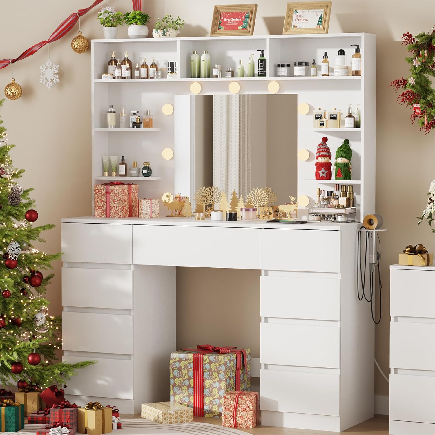 Vanity Desk with Mirror and Lights,43" Makeup Vanity Table with 9 Drawers and 7 Storage Shelves, Power Outlet & Adjustable LED Lights, Dressing Table for Bedroom .White