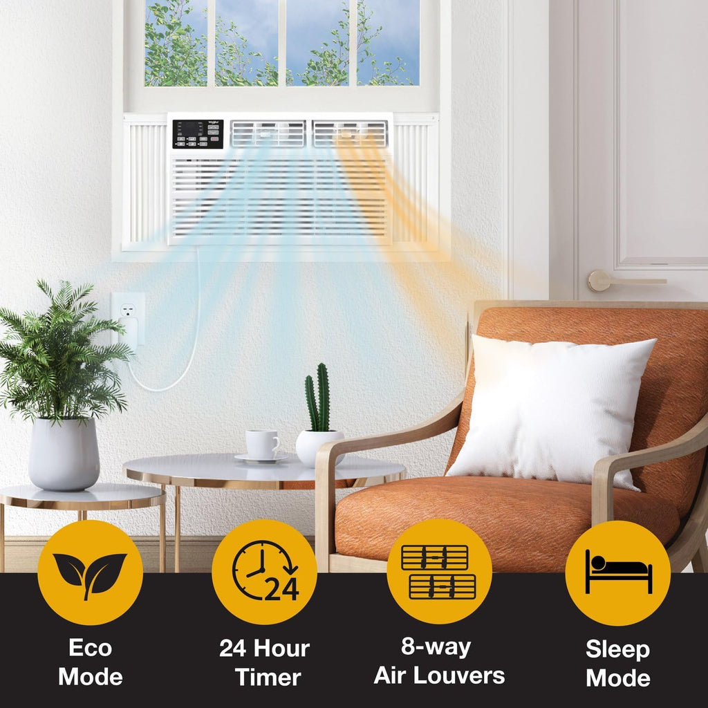 Whirlpool 8,000 BTU Window Air Conditioner with Supplemental Heat, Window Mounted AC Unit with Heater for Apartment, Living Room, Bedroom, Rooms up to 350 Square Feet