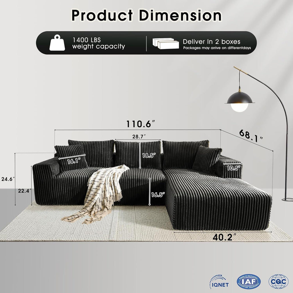 WorthFurni Cloud Modular Sofa Couch with L-Shape Chaise,Modern Sectional with Deep Seat, Upholstered Couches for Living Room Bedroom,No Assembly Required, Plush Corduroy Fabric 110.4"(Black)