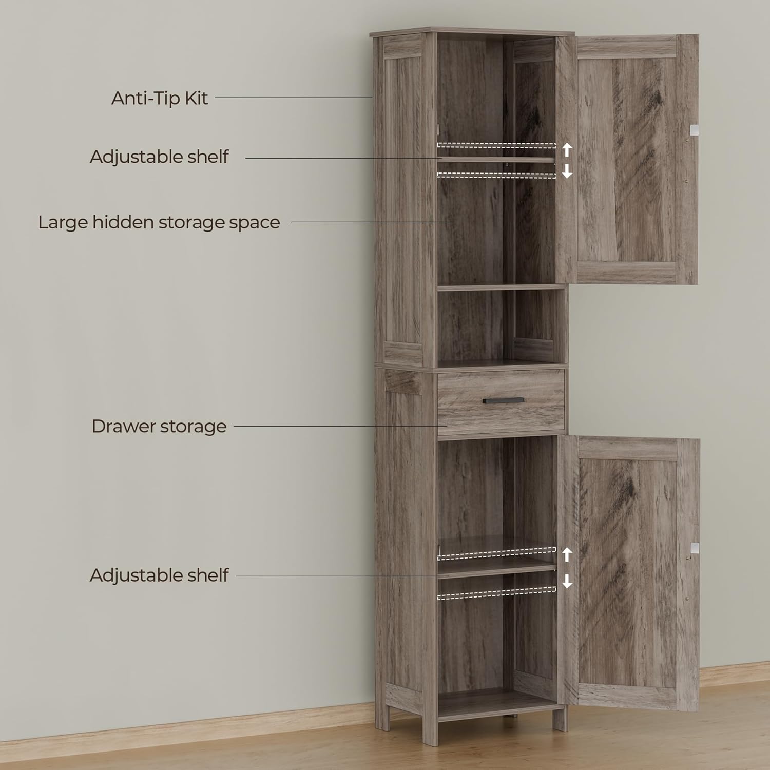 Homhedy 67" H Tall Bathroom Storage Cabinet with 2 Barn Doors and 1 Drawer, Narrow Storage Unit, Adjustable Shelves, Floor Cabinet for Bathroom, Living Room, Entryway, Kitchen, Greige, (15.7" W)