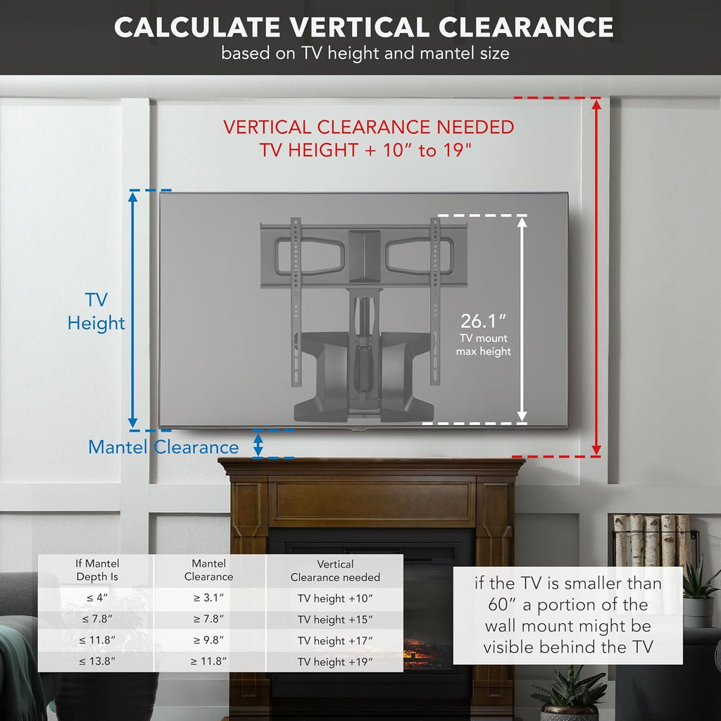 MOUNT-IT! Motorized Fireplace TV Wall Mount | Remote Control Electric Pull Down Mantel Mounting Bracket  Up to 77 Lbs Weight Capacity  Height Adjustable  Swivel  VESA 600x400 Compatible