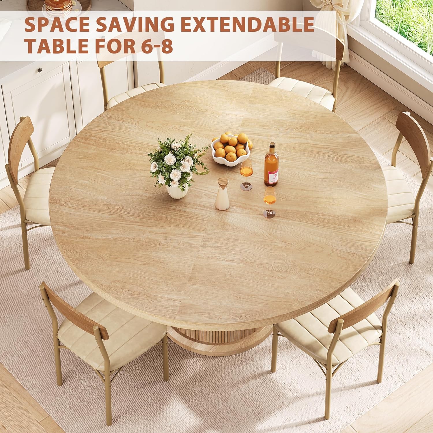 47″–63″ Extendable Round Dining Table for 4–8 with Dust-Proof 2-Tier Storage Shelf Space-Saving Expandable Dining Room Table Wood Oval Circle Dining Table with Pedestal Base (Natural)