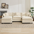111.5" Beige Modular Sectional Sofa, 3 Seater Large Sectional Couches for Living Room, Ivory Off-White Chenille Fabric Oversized Cloud Couch with Ottoman, Modern Sofas Set, Sofas para Sala, U Shaped