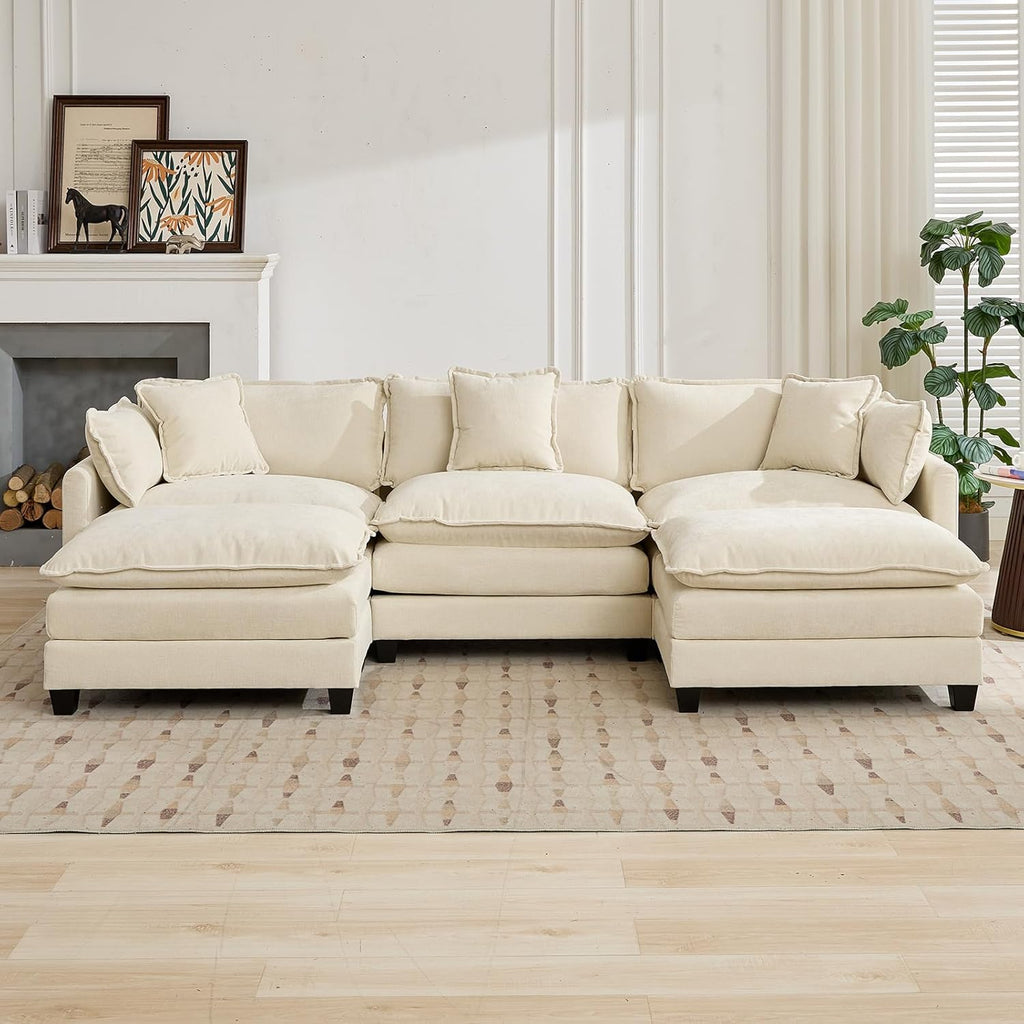 111.5" Beige Modular Sectional Sofa, 3 Seater Large Sectional Couches for Living Room, Ivory Off-White Chenille Fabric Oversized Cloud Couch with Ottoman, Modern Sofas Set, Sofas para Sala, U Shaped