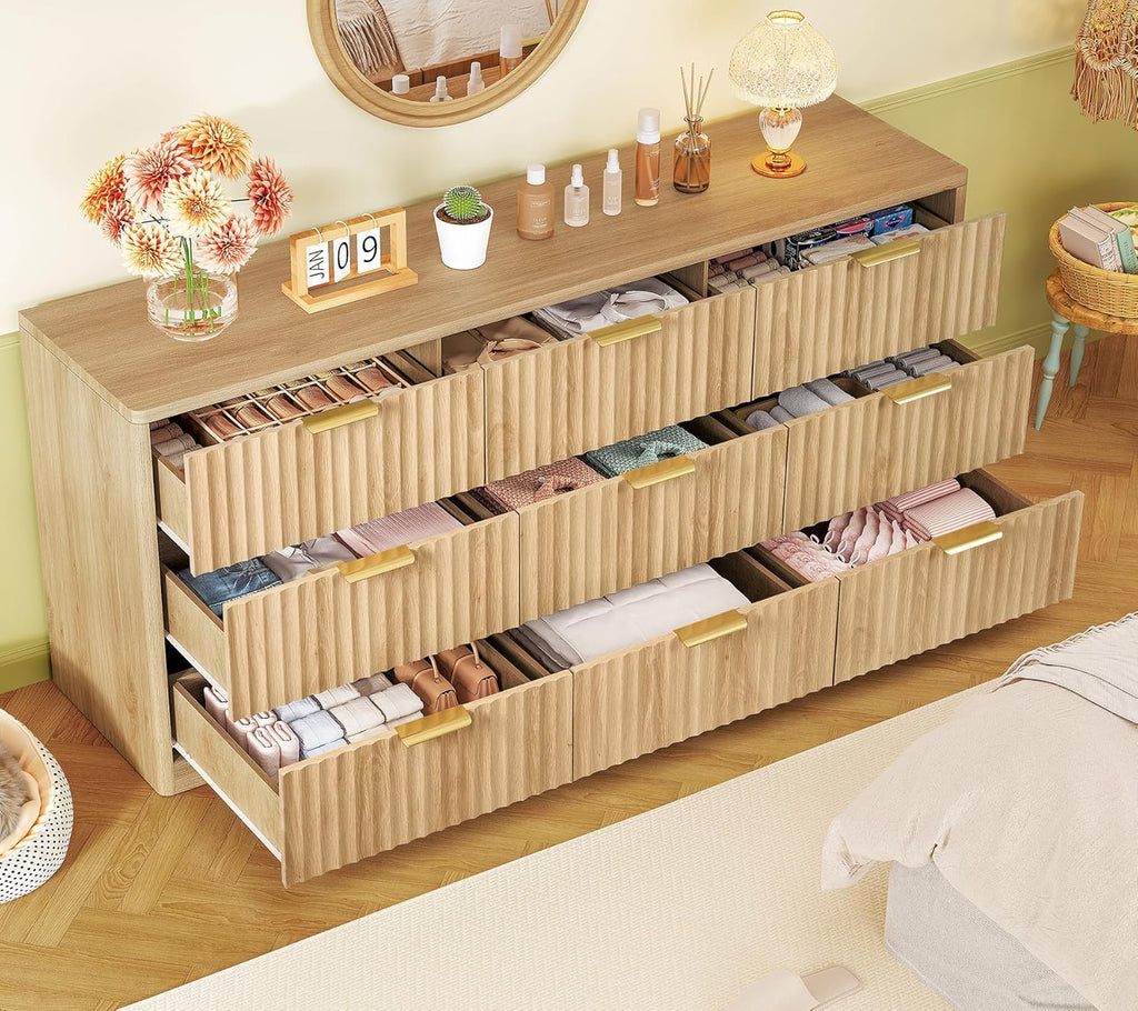 TEENFON Fluted Dresser for Bedroom with 9 Drawers, 63" Wide Modern Chest of Drawers with Metal Handle & Curved Profile Design, Wood Closet Clothes Storage Organizer for Living Room, Hallway, Natural