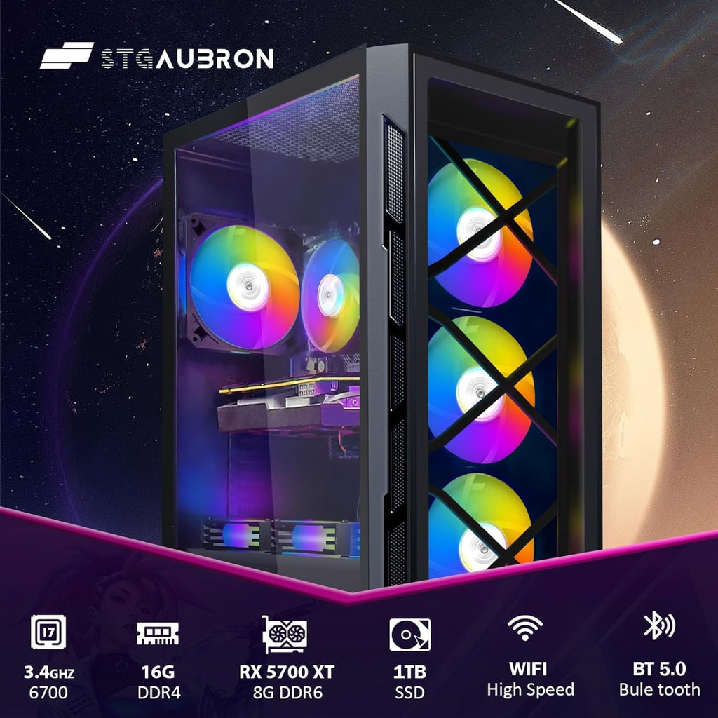 STGAubron Gaming PC Computer Desktop  Intel Core i7-6700 up to 4.0G  Radeon RX 5700XT 8G  16G DDR4  1T SSD  WiFi  BT 5.0  RGB Fan x6  Windows 11 Home