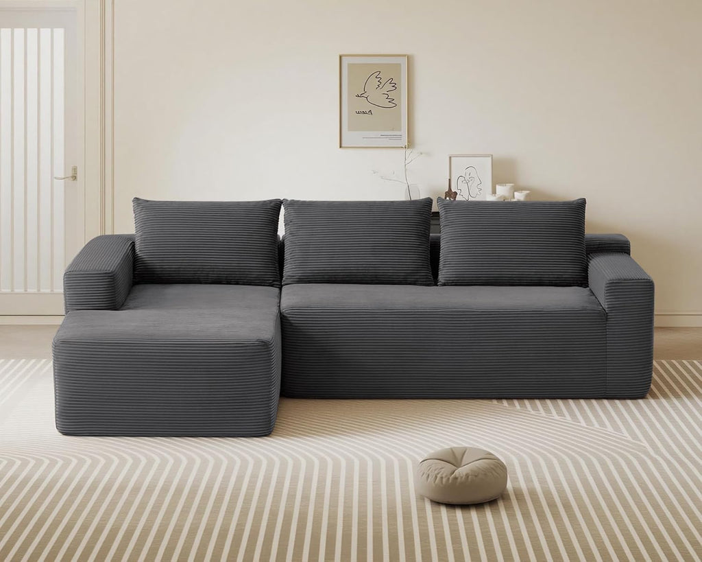 97inch Boneless L-Shaped Sectional Sofa with Throw Pillow & Side Pockets- No Assembly Compressed Modular Couch, Memory Foam, Deep Seat for Living Room, Bedroom, Apartment Grey Left