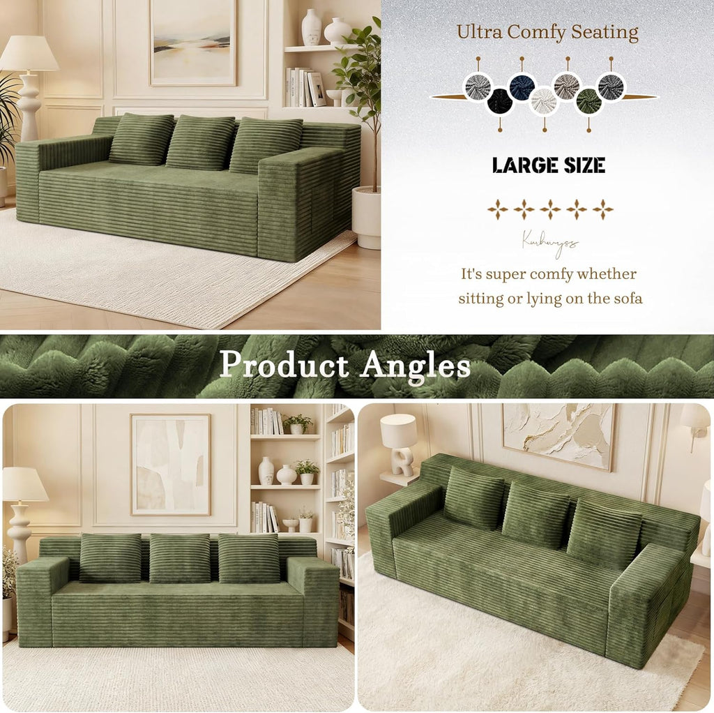 Kurhwyss 71" Corduroy Living Room Sofa, 3 Setaser Deep Seat Couch with 3 Lumbar Pillows, Comfy Boneless Sofa Modern Compressed Couch for Bedroom, Office, Apartment, No Assembly, Flat Armrests (Green)