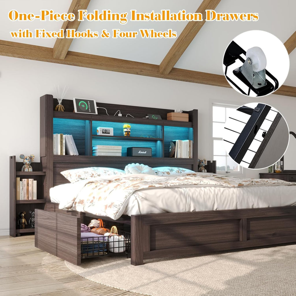 King Bed Frame with 49.6" Bookcase Headboard & 2 Bedside Stoage Racks & 4 Drawers, Farmhouse Wood Bed Frame with RGB LED & Charging Station, No Box Spring Needed, Black