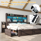 King Bed Frame with 49.6" Bookcase Headboard & 2 Bedside Stoage Racks & 4 Drawers, Farmhouse Wood Bed Frame with RGB LED & Charging Station, No Box Spring Needed, Black