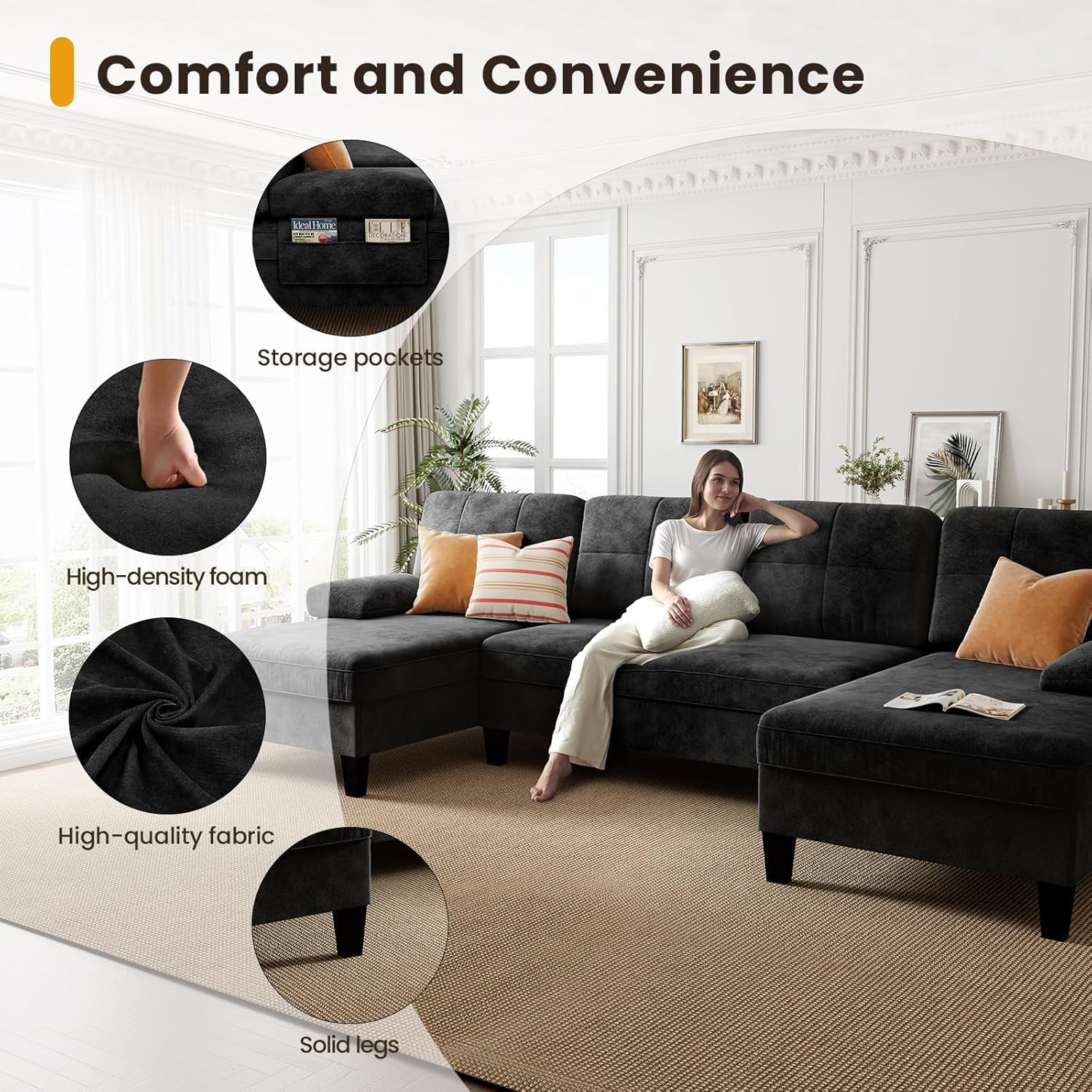 KKL Sectional 112 Inches Sofa Couch - 4 Seater U Shape Convertible Soft Couch with Side Storage for Living Room, Home Sofas with Chaise, Modern Couches for Apartment, Meeting Room Furniture, Bedroom