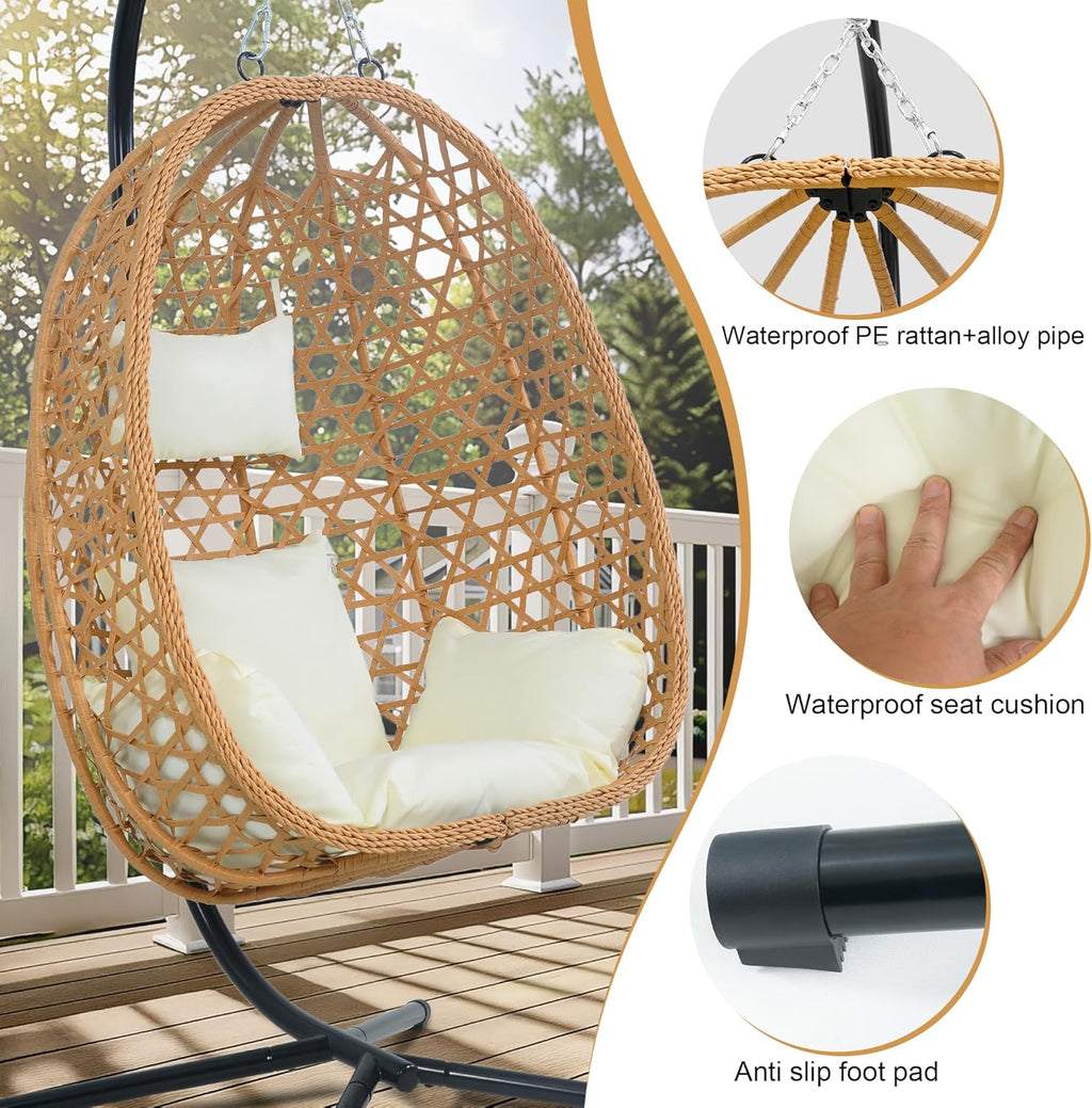 Hanging Egg Chair with Stand & Cushions - All-Weather Rattan Swing Chair for Patio, Balcony, Garden (Modern Boho Design, Ready-to-Use Indoor Outdoor)-Beige