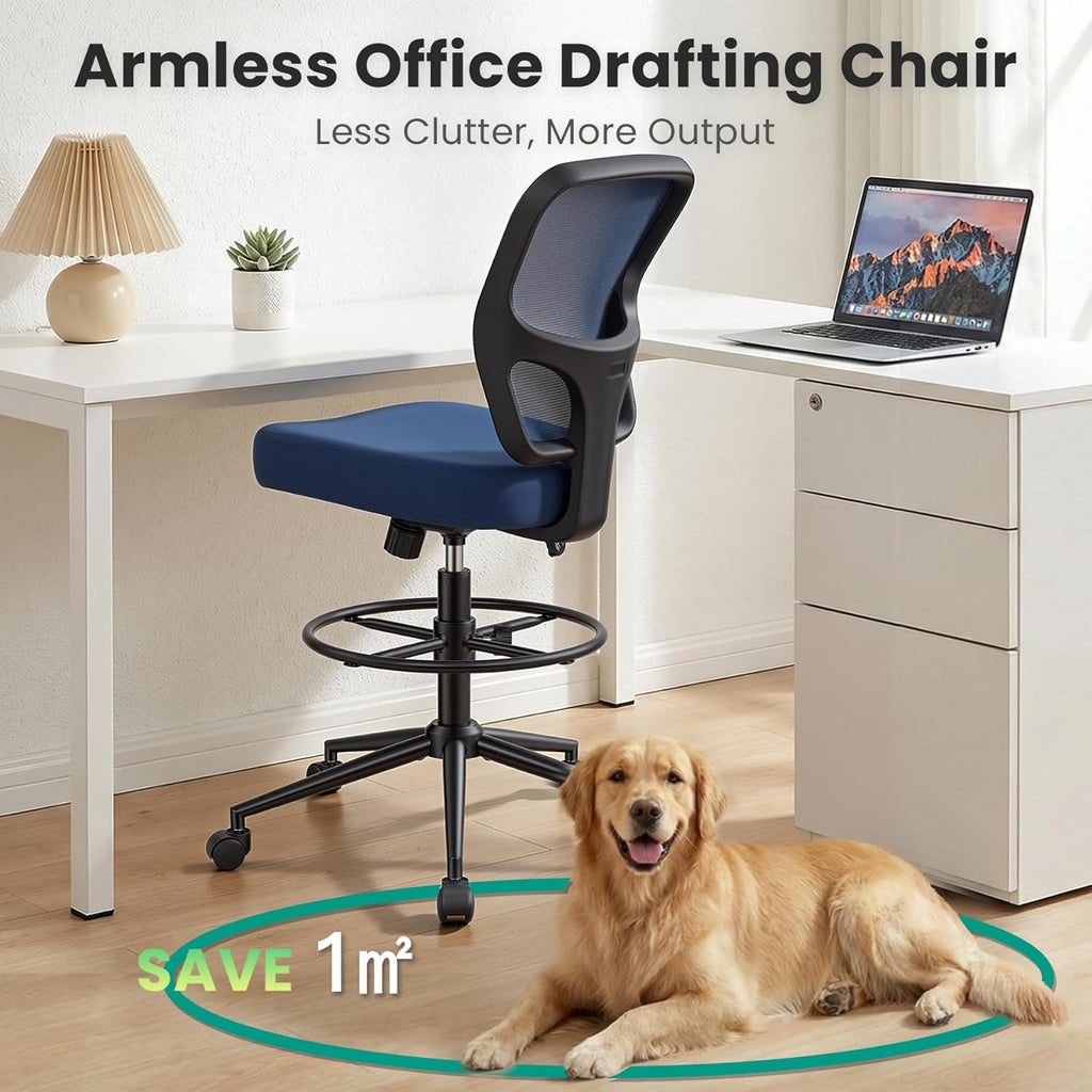 Armless Drafting Chair Tall Office Chair for Standing Desk - Adjustable Height Mesh Ergonomic Drafting Stool with Foot Ring & Wheels, Rolling Counter Height Computer Chair for Home Office