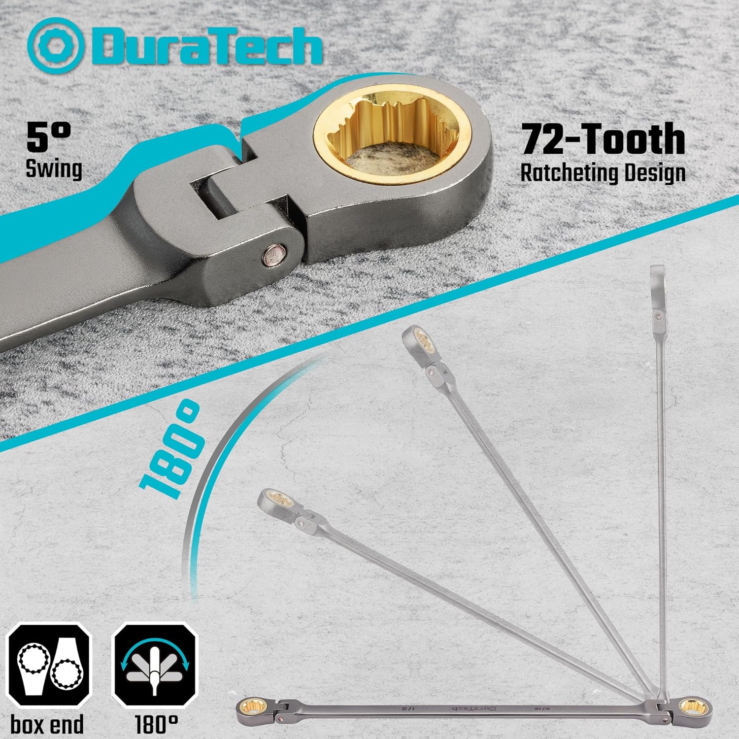 DURATECH Extra Long Anti-Slip Ratcheting Wrench Set, Double Box End Wrench Set, 5-Piece, SAE, 1/4 "-13/16 ", 72-Teeth, CR-V Steel, Grey Nickel Plating with Rolling Pouch