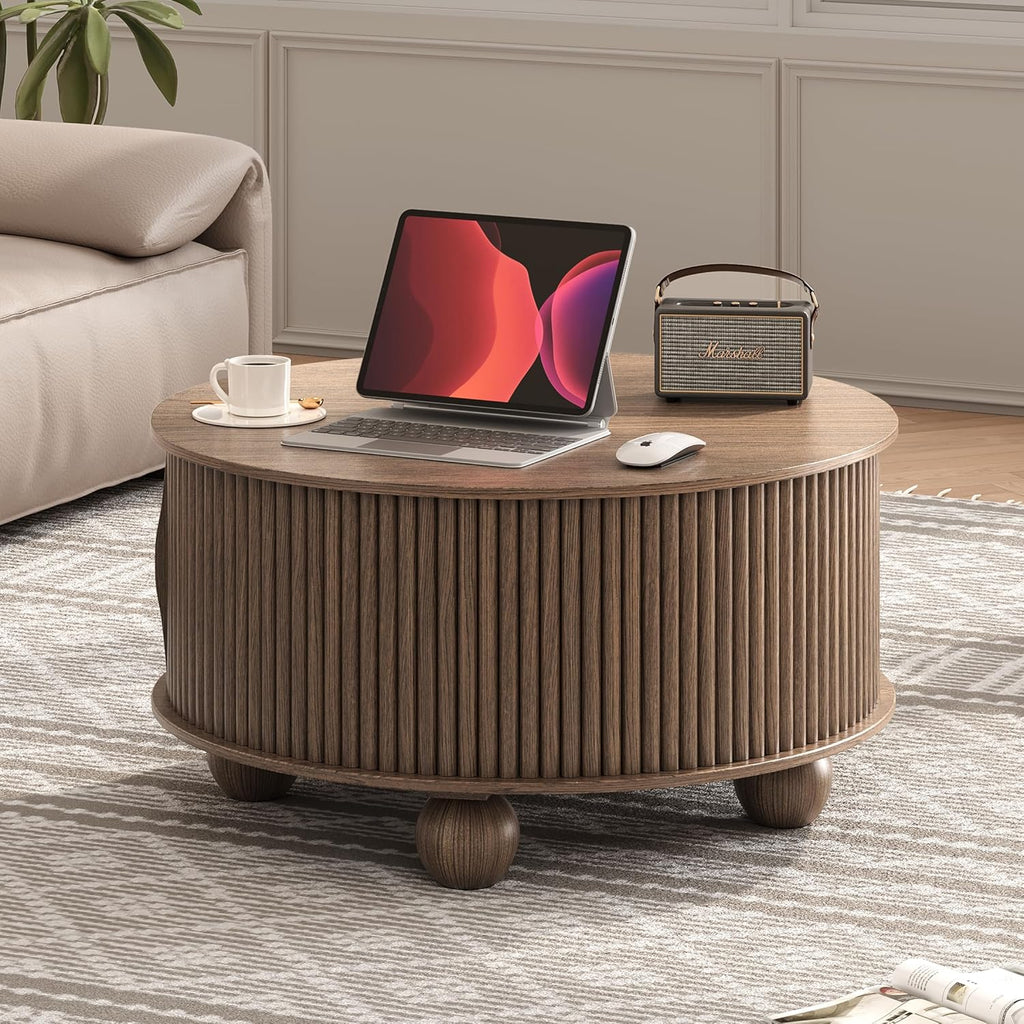 Round Coffee Table with Storage, 31.5" Walnut Fluted Drum Center Table, Mid Century Modern Wood Circle Table with Sliding Door & Bun Feet for Living Room