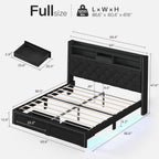 Linen Full Size Bed Frame with 2-Tier Storage Headboard and Charging Station, Upholstered Platform Bed Frames with 2 Storage Drawers, Wooden Slats Support, No Box Spring Needed, Black