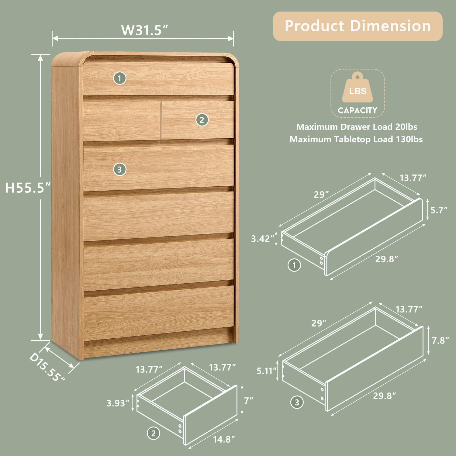 Modern 7 Drawers Dresser for Bedroom, 55" Tall Dressers & Chest of Drawers w/Curved Profile Design, Wood Mid Century Vertical Storage Dressers Organizer for Bedroom, Living Room, Natural Oak