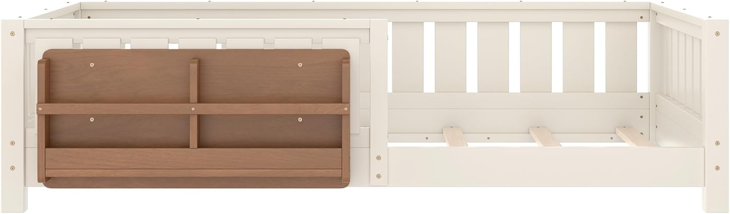 Bellemave Twin Floor Bed with Slats and Safety Guardrail, Twin Size Montessori Floor Bed with Fence and Built-in Bookshelf, Easy Assemble Montessori Beds for Kids, Girls, Boys, Beige