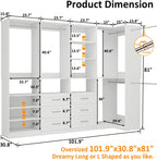 Closet System with 4 sets, 101.9" Closet Organizer Systems with 6 Drawers & 8 Hanging Rods & Adjustable Shelves, Walk in Closet Standing Closet System, Corner Closet System Set, White