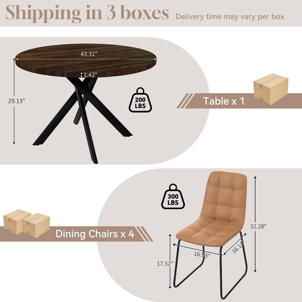 44" Round Dining Table with Cozy Chair Set for 4, Modern Mid-Century Dining Table Set of 4, Dinette Sets with Metal Leg for Kitchen Dining Room Apartment(Walnut Table + Brown Chairs)