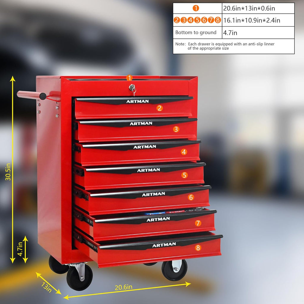 Red Metal Tool Chest with Wheels,Portable Rolling Tool Cabinet with 7 Drawers,Large Tools Chests & Cabinets with Key Locking/Pull Handle/Ball Bearing Slide for Garage Warehouse (Red+Black 7-Drawer)