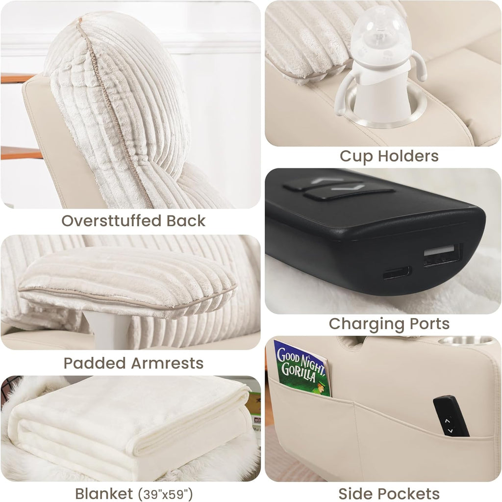 GRAINELL Rocking Chair Nursery, Electric Swivel Recliner Glider with Adjustable Armrests, Nursing Chair with USB Charger, Cup & Blanket Holders, Beige Corduroy & PU Leather