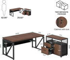 Tribesigns 63" Executive Deskwith Drawer Cabinet, L Shaped Desk and lateral File Cabinet, 2 Piece Home Office Furniture Set with Drawers for Hanging, Doors with Locks (Dark Brown, 63 inches)