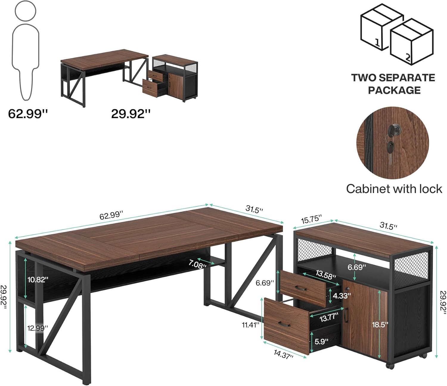 Tribesigns 63" Executive Deskwith Drawer Cabinet, L Shaped Desk and lateral File Cabinet, 2 Piece Home Office Furniture Set with Drawers for Hanging, Doors with Locks (Dark Brown, 63 inches)