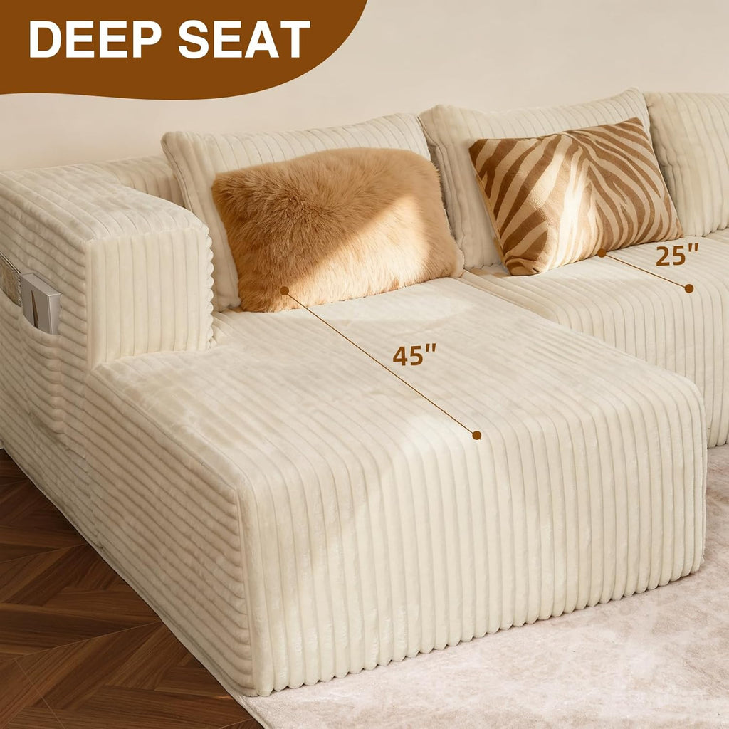 117” Modular Sectional Cloud Couch with L-Shape Chaise Lounge, Boneless Convertible Sofa for Living Room, Corduroy 4-Seater Couch, No Assembly Required, Cream Beige, Left Facing Chase