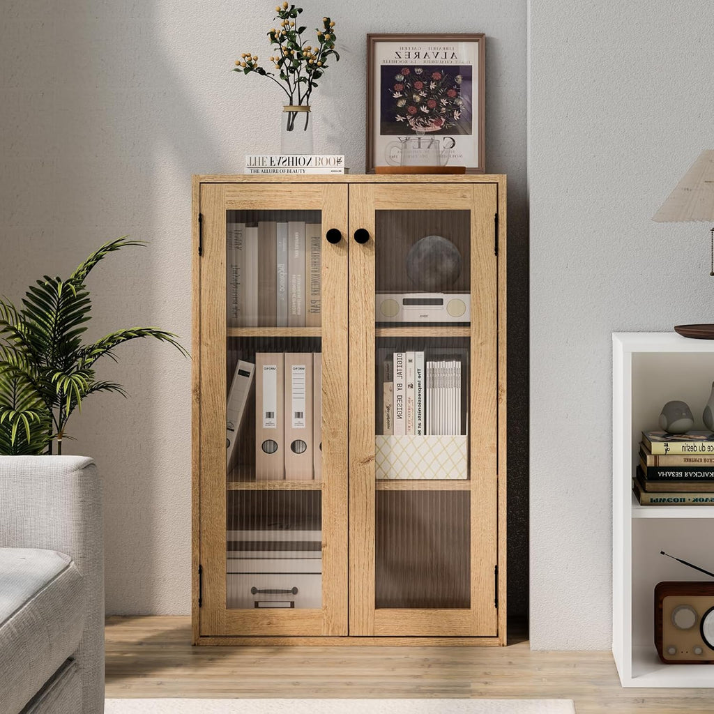 Glass Door Bookcase, Metal Display Cabinet with 2 Fixed Shelves, Wall-Mountable, Anti-Tip Safe Design, Compact Storage for Home Office, Kitchen, Living Room (Wood Tone)