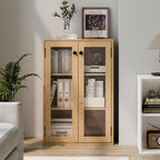 Glass Door Bookcase, Metal Display Cabinet with 2 Fixed Shelves, Wall-Mountable, Anti-Tip Safe Design, Compact Storage for Home Office, Kitchen, Living Room (Wood Tone)