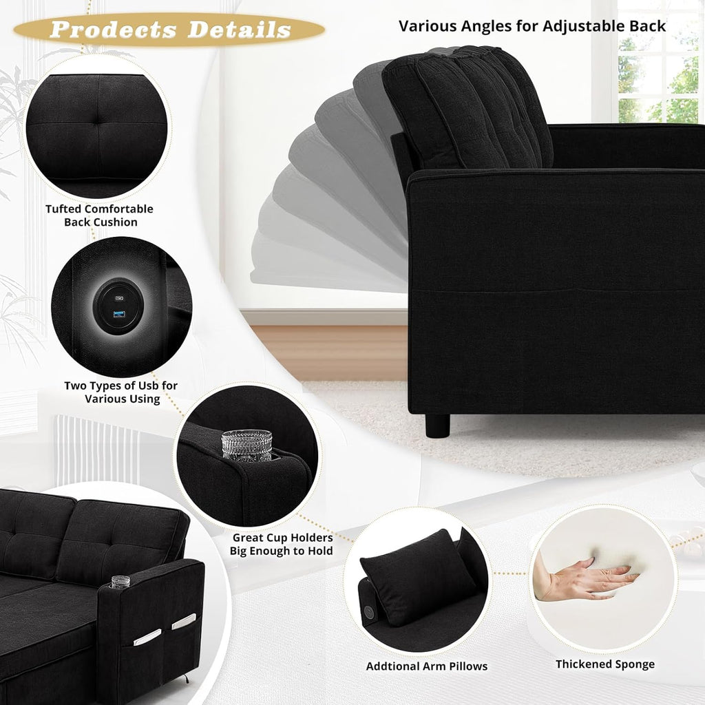 ACMEASE110“ U-Shaped Pull Out Sofa Bed w/Storage Chaise & Adjustable Back, Chenille Sectional Sofa w/USB Port,Tufted Sleeper Couch w/Cup Holders for Living Room, Black