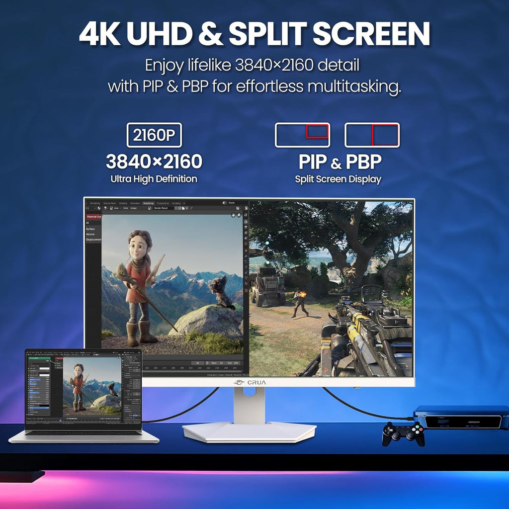 CRUA 27” Gaming Monitor  IPS UHD 3840x2160 4K 160Hz / FHD 320Hz Dual Mode White Computer Monitor  Rotating/Pivot & Height-Adjustable  AMD FreeSync  Built-in Speakers  PIP/PBP  HDMI 2.1 & DP 1.4