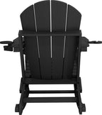 KINGYES Adirondack Rocking Chair with Retractable Ottoman and Cup Holders, HDPE Adirondack Rocker Patio Rocking Chair for Porch, Patio, Balcony, Black