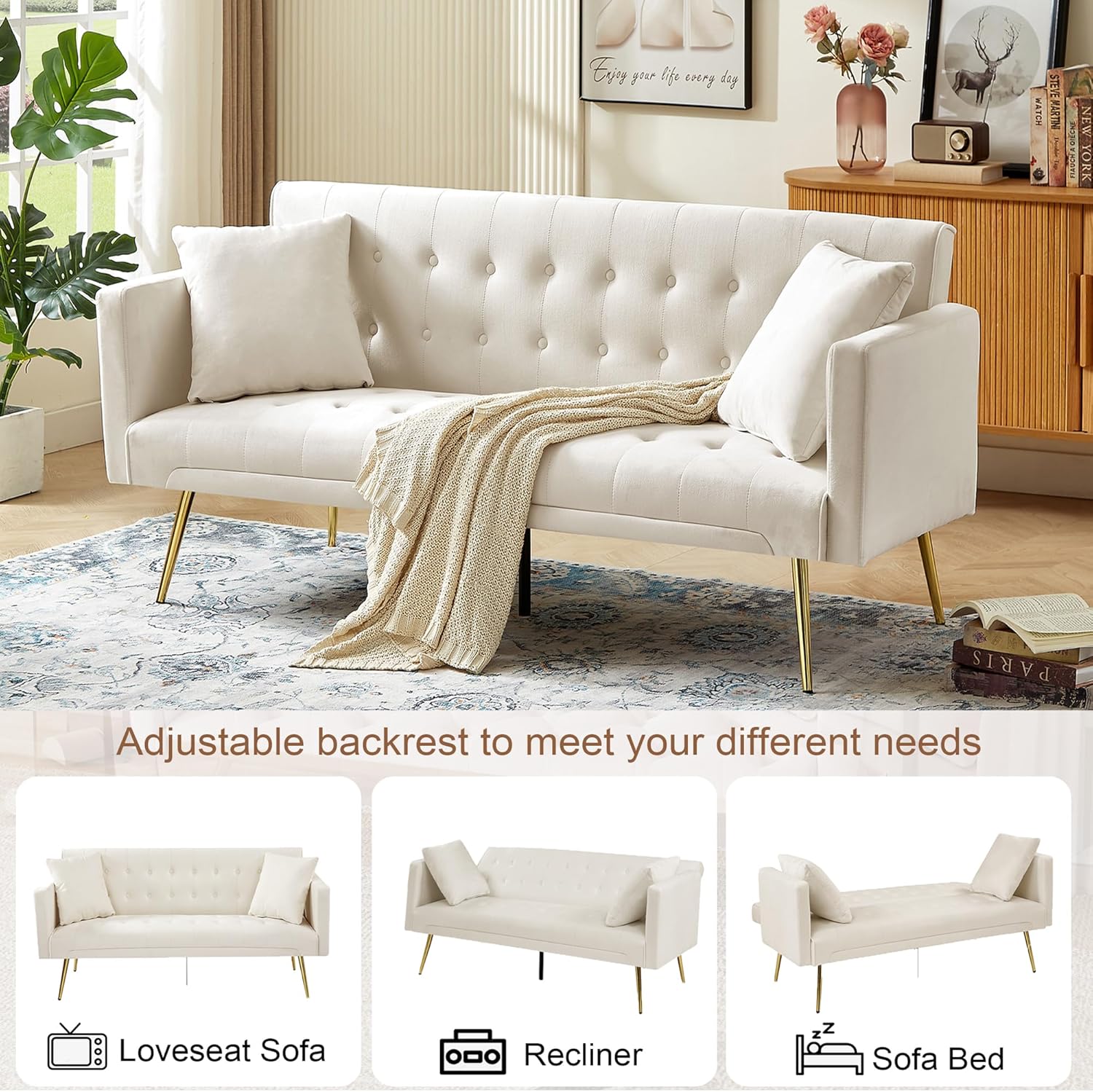 72"Modern Velvet Sofa Bed Futon,Convertible Folding Sleeper Bed Couches with 3 Adjustable Backrests,Tufted Recliner Loveseat with Golden Chrome Legs for Small Living Room Office (Beige+buttons tufted)