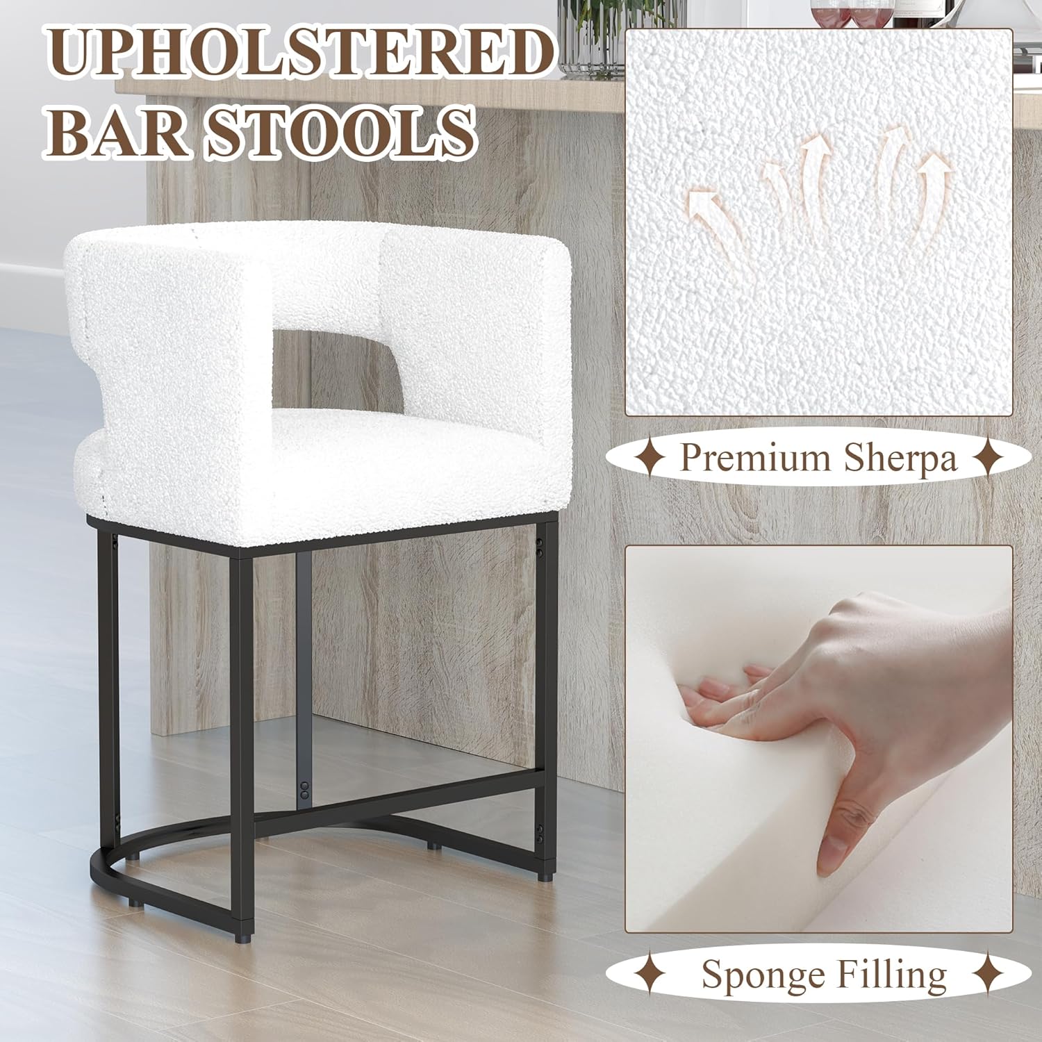 Westice Bar Stools Set of 3, 26” Seat Height Counter Height Stools with Curved Backrest, Barrel Sherpa Fabric Bar Chairs with Metal Frames, Upholstered Chairs for Kitchen Island, Pub, Club, Beige