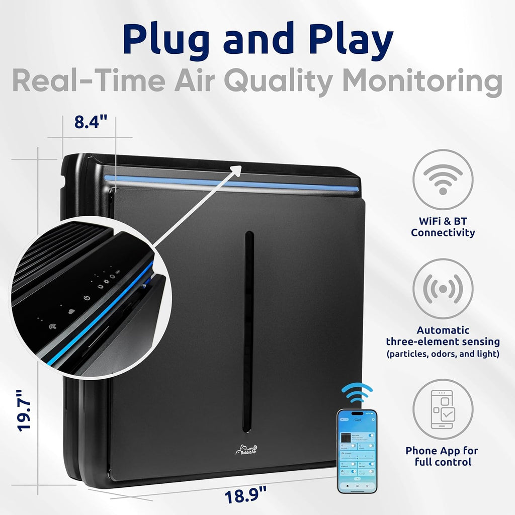 Rabbit Air, A3 SPA-1000N Air Purifiers for Home, Ultra Quiet HEPA Air Purifier - Wall Mountable Air Purifiers for Home Large Room, Allergies, Dust, Mold, Smoke & VOCs - (Black, Germ Defense Filter)