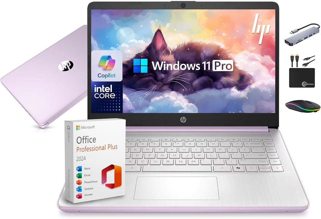 HP 14" Laptop Computer 2025-2026 Business Student  Copilot AI  Lifetime Office  4-Core Intel CPU  16GB RAM  628GB Storage (128GB UFS+500GB Ext)  Wi-Fi 6  10+ Hrs  MarxsolAccessory Win 11 Pro  Lavender