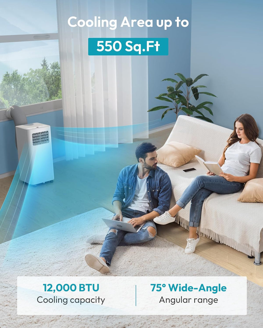 EUHOMY 12,000 BTU Portable Air Conditioners, 4-in-1 Unit with Cools, Heat, Dehumidifier, fan 550 Sq.Ft. with 450 CFM Airflow, App/Remote Control, Window Kit, for bedroom, livingroom