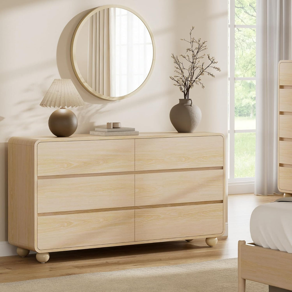 Lulive Wood Dresser for Bedroom, 53” Wide Chest of Drawers with 6 Drawers, Modern Closet Storage Drawer with Curved Profile Design for Living Room, Hallway, Entryway, Natural