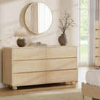 Lulive Wood Dresser for Bedroom, 53” Wide Chest of Drawers with 6 Drawers, Modern Closet Storage Drawer with Curved Profile Design for Living Room, Hallway, Entryway, Natural