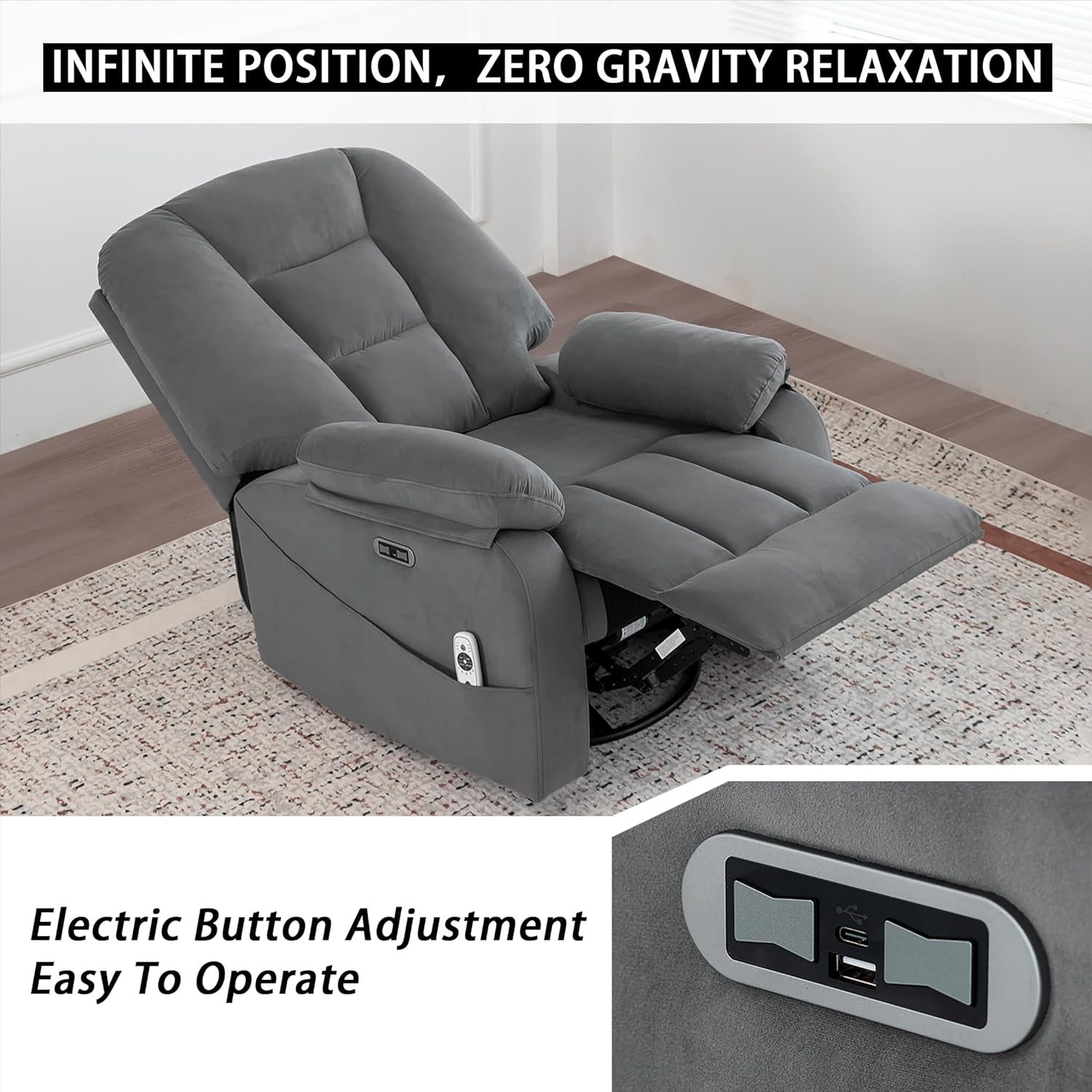 Power Swivel Rocker Recliner with Massage and Heat, USB and Type-C Port, Infinite Position, Electric Glider Rocking Chairs Living Room, Soft Fabric Reclining Sofa Chair (Velvet Grey)