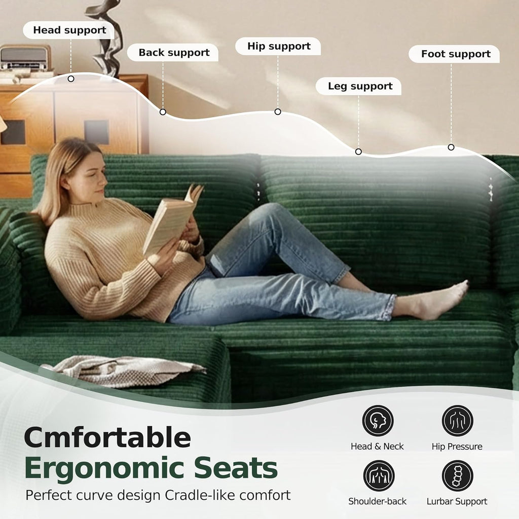 108.2" Modular Sectional Sofa with Deep Seat, Boneless U Shaped Corduroy Couch Modern Comfort, Cloud Couch Oversized for Living Room No Assembly (Green)