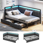 Hasuit Corner Bed Frame with Storage Drawers, Twin Daybed with Line Fabric Upholstered Fence, Kids Bed Unit with LED Light and Charging Station, Modern Bed Frame