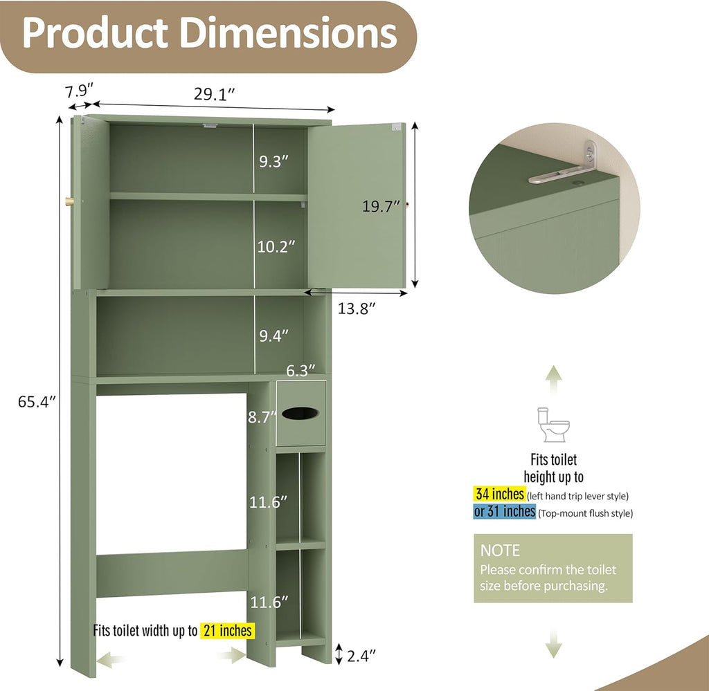 Meilocar 65.4" Over the Toilet Storage Cabinet, 29.1" Wide Bathroom Organizer with Toilet Paper Holder & Adjustable Shelf, Freestanding Space Saving Cabinet for Apartment, Laundry, Green