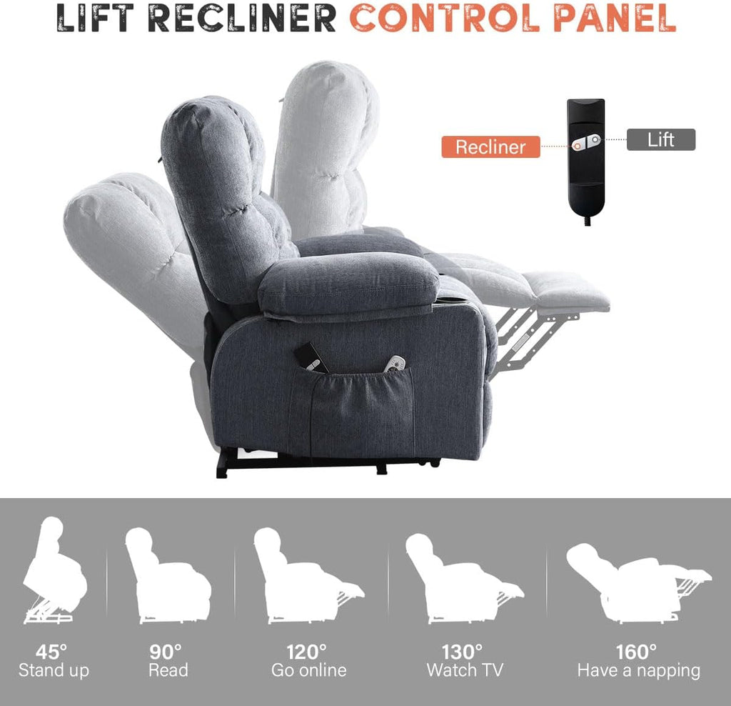 BOSMILLER Power Lift Recliner Chair with Massage and Heat for Elderly, Electric Recliner Single Sofa with Two Cup Holders, Extended Footrest, Side Pocket and USB Charge Port for Living Room